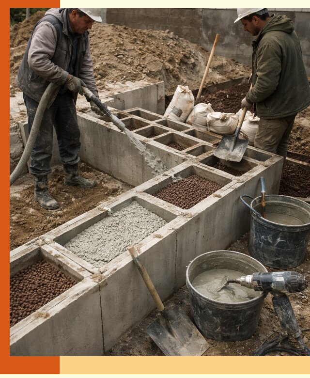 Заполнение полостей фундамента в Мичуринске герметичным утеплением и повышением прочности